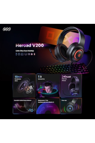 Heroad V200 Rgb 7.1 Kablosuz Gaming Oyuncu Kulaklığı 3 Modlu Bt, 2.4ghz, Type-c Pc - Ps5 - Xbox