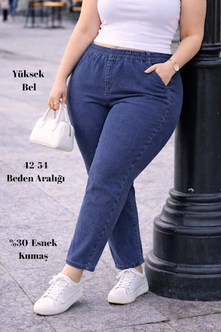 Cedy Denım - Büyük Beden Likralı, Beli Lastikli Jean Pantolon C636 Açık Mavi