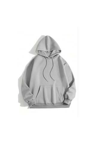 Mbb E-ticaret Kadın Kapüşonlu Kanguru Cepli 3 İplik Pamuklu Düz Hoodie Sweatshirt - Gri