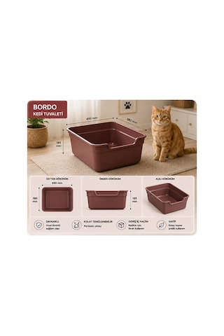 Pribor Kedi Tuvalet Açık Geniş, Pratik Ve Kolay Temizlenebilir 49 X 38 X 18,5 Cm Bordo