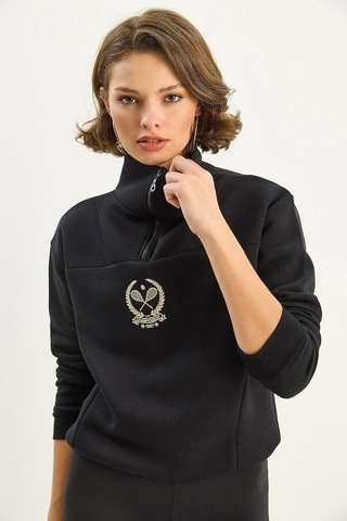 Shade Kadın Dik Yaka Yarım Fermuarlı İçi Polarlı Crop Sweatshirt 1808 60283713 - Siyah