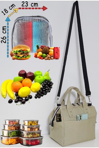 Sıcak, Soğuk Isı Yalıtımlı Termal Termoslu Yemek, Mama, Beslenme, Gıda İçin Askılı Taşıma Çantası Bej