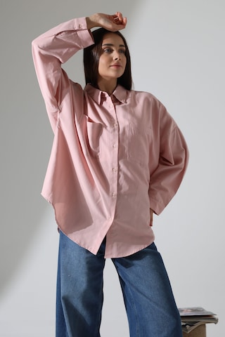 Yeni Sezon Poplin Kumaş Çift Cepli Oversize Pamuklu Kadın Tunik Gömlek Açık Pembe