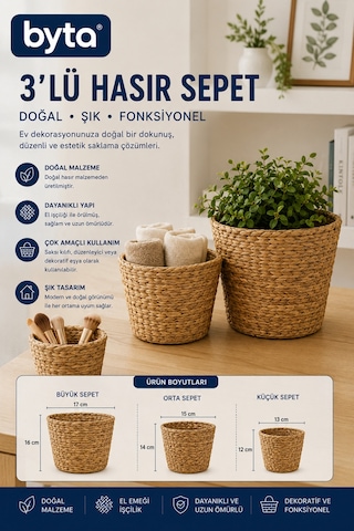 3'lü Hasır Sepet Seti Doğal El Örgüsü Dekoratif Organizer Saklama Sepeti Kahverengi 3'lü Hasır Sepet Seti Doğal El Örgüsü Dekoratif Organizer Saklama Sepeti Kahverengi