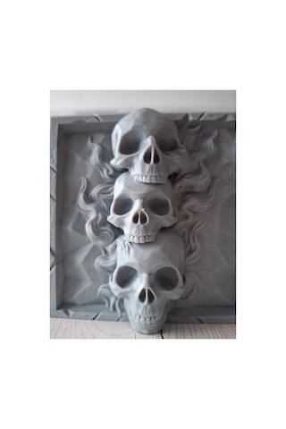 14x14 Cm Üçlü Kuru Kafa Dekoratif Duvar Paneli Alev Desenli 3d Baskı Tablo