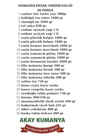 Ramazan Kumanyası Erzak Gıda Paketi 26 Parça