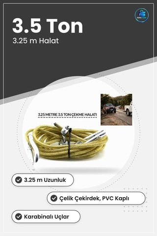 Oto Çekme Halatı 3.5 Ton 3.25 M Çelik Pvc Kaplamalı Karabinalı Ar