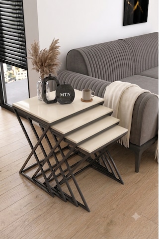 Masal 4'lü Zigon antrasit gri Metal Ayaklı krem Renk Mebran Mdf Üst Tabla 4'lü Zigon Sehpa Seti Salon /koltuk Altı Sehpa Yan Sehpa - C Sehba Modern - Siyah Metal Ayak