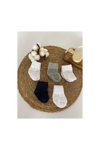 Glory Baby Organik Pamuklu Unisex 5'li Premium Yenidoğan Bebek Çorabı - Kutulu Gri-lacivert-beyaz Gri-lacivert-beyaz
