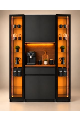 Noir Antrasit Çift Modüllü Led Işıklı Kahve Köşesi Cam Raflı Vitrin Dolabı 140 Cm