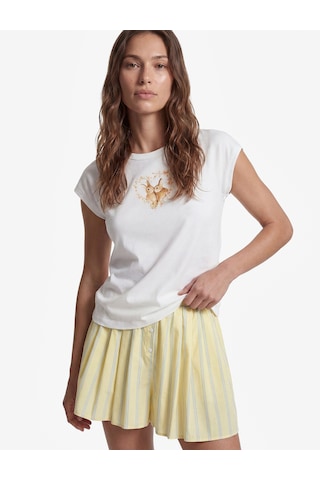 Koton Koton X Sibil Çetinkaya - Pamuklu Slim Fit Kısa Kollu Kalpli Tavşan Baskılı Tişört Kırık Beyaz 6sak50047uk Ekru