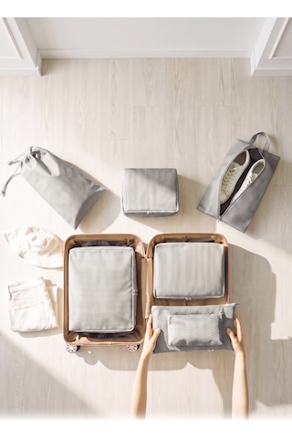 Ocean Home Textile 7'li Gri Balıksırtı Bavul İçi Düzenleyici Set