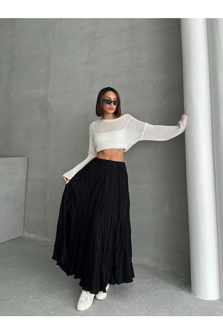Kadın Buruşuk Modal Dokulu Soft Uzun Etek Siyah
