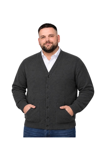 Battalmoda Erkek Büyük Beden Antrasit Cepli Düğmeli Triko Hırka 3xl-4xl-5xl-6xl