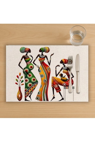 Afrikalı Kadınlar Tasarımlı Amerikan Servis, Tabak Altlığı & Şık Masa Dekoru, Ev Hediyesi, 2 Adet Krem
