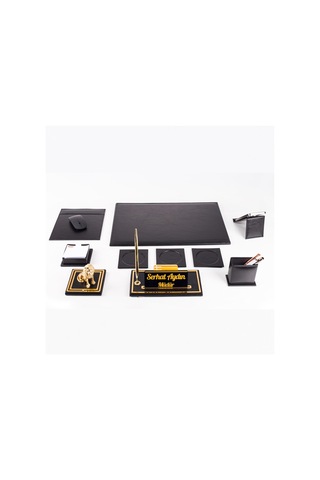 Opta 10 Parça Aslan Biblolu Siyah Deri Sümen Seti Takımı Gold Kalem Ofis Masa İsimliği Lüks İsimlik