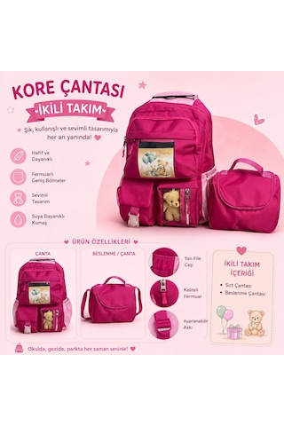 Kore Tarzı Ayıcıklı Kız Çocuk İlkokul Çantası Ve Termal Beslenme Çantası 2'li Set Pembe Kore Tarzı Ayıcıklı Kız Çocuk İlkokul Çantası Ve Termal Beslenme Çantası 2'li Set Pembe