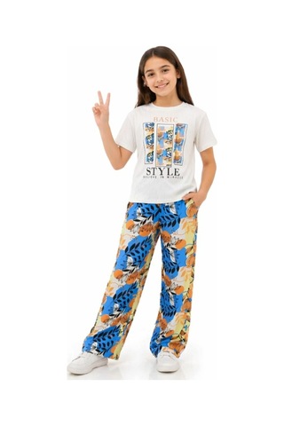 İrem Çocuk Giyim Kız Çocuk Basic Style Yazı Desenli Tişört Pantolonlu Mavi Renk İkili Takım Beyaz
