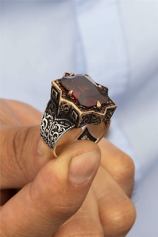 Kırmızı Zirkon Taşlı Yıldız Motif Gümüş Erkek Yüzük -8428 Gümüş