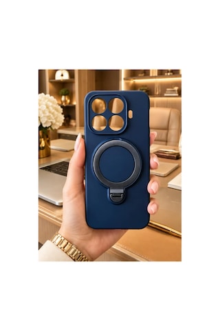 Mi 17t Pro İle Uyumlu 360 Derece Dönebilen Kalın Metal Magsafe Halka Stantlı İçi Kadife Korumalı Ultra Lüx Premium Silikon Kılıf Lacivert