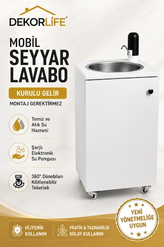 Yeni Yönetmeliğe Uygun Seyyar Mobil Lavabo Paslanmaz Evyeli 10 L Çift Hazneli Şarjlı Musluklu Tekerlekli Lavabo Beyaz