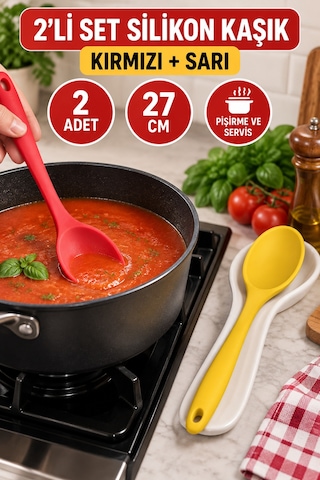 2'li Set Kırmızı Sarı Büyük Boy Silikon Kaşık 27 Cm Mutfak Yemek Pişirme Ve Servis Kaşığı Sofra İçin