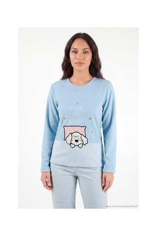 Lela Çizgili Yumuşak Kışlık Polar Pijama Takımı Kadın Pijama Takımı 6575030 Mavi