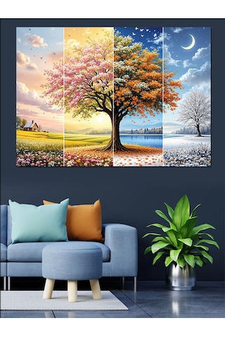Dört Mevsim Ağaç Manzarası Dekoratif Kanvas - Mdf Ahşap Tablo