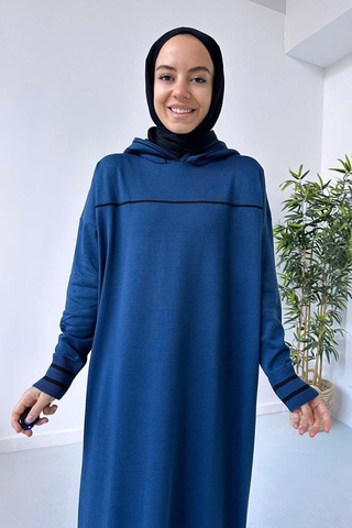 Kahijab Kapüşonlu Merserize Elbise - Petrol Petrol Mavi