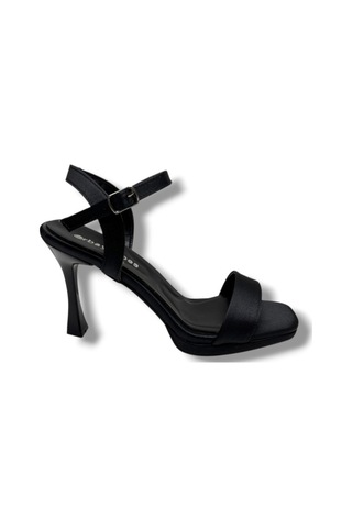 Erbay 600-26 Parlak Saten Tek Bant Orta Topuk Kadın Sandalet 10cm Siyah
