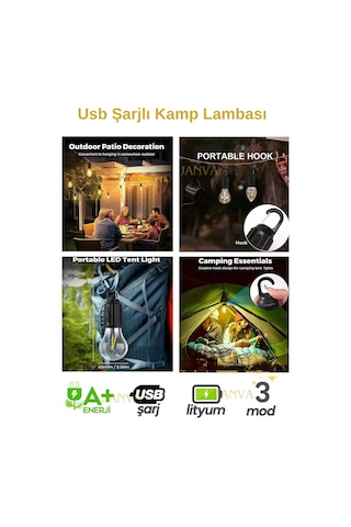 3 Adet Taşınabilir Usb Şarjlı Led Ampül Outdoor Kamp Bahçe Lambası Askılı Kırılmaz Işık Siyah