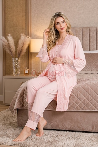 Quilling Lady Pembe Renkli, Derin Patlı, Dantel Detaylı 33002 Sabahlıklı 3lü Lohusa Hamile Pijama Takımı Açık Pembe M - L