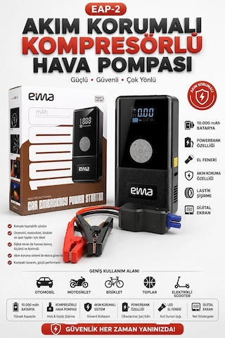 Eima 10000 Mah Akü Takviye Cihazı Kompresörlü Hava Pompası Powerbank Dijital Ekranlı El Fenerli Araç