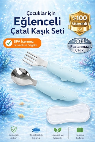Jojobebek Balık Figürlü Çocuk Paslanmaz Çelik Çatal ve Kaşık Seti, Saklama Kutusu (Buz Mavisi Renk) Mavi