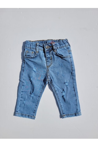 Erkek Bebek Beli Lastikli Yırtık Detaylı Kot Pantolon-11699-kot Mavi