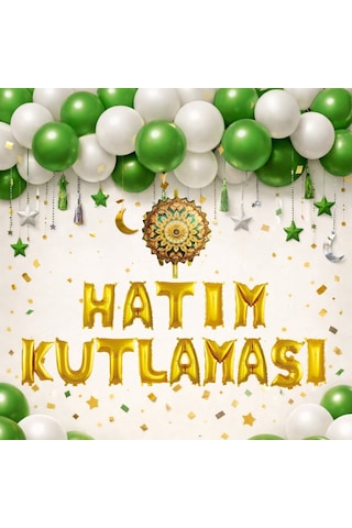 Hatim Töreni Temalı Gold Folyo Harf Yeşil Beyaz Balonlu Hatim Kutlaması Süsü Beyaz - Yeşil