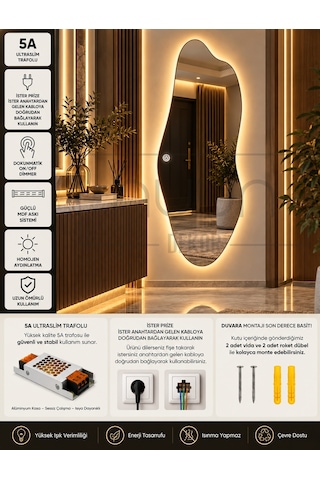 150x50 Dokunmatik Led Işıklı Asimetrik Boy Aynası Gün Işığı