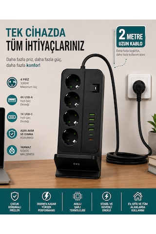 4'lü Akım Korumalı Masaüstü Priz 4 Usb-a + 2 Type-c Hızlı Şarj Kablosuz Şarj Standlı 2 Metre Kablolu Çoklu Priz 0 - 2 M