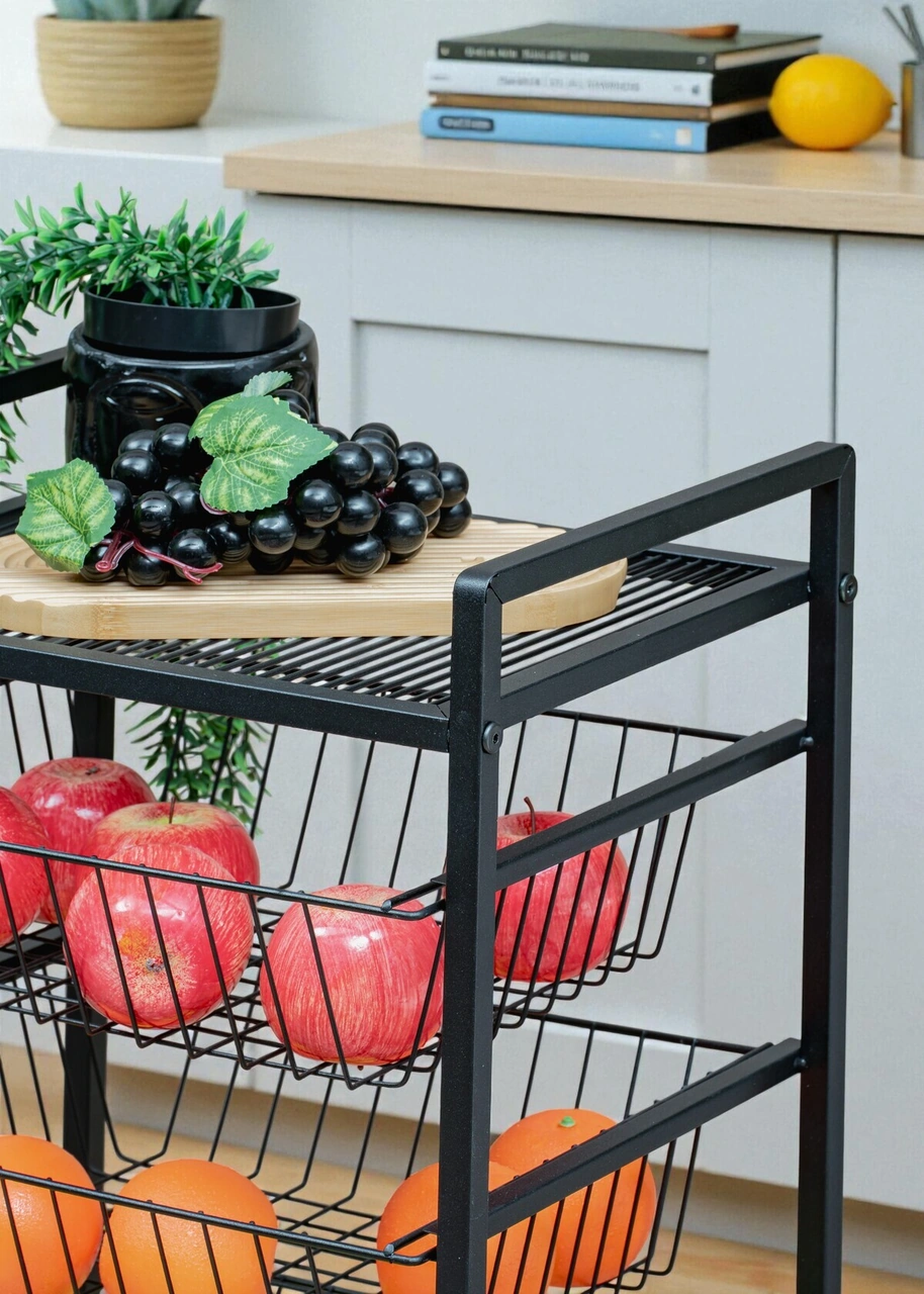 Dekoratif Siyah Metal Sebzelik Tekerlekli 4 Raflı Tel Sepetli Çok Amaçlı Stand Siyah