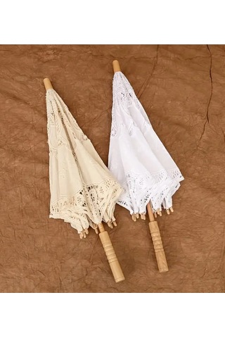 Atay Garage Şemsiye 80-65cm Ebatlarında Büyük Vintage Dantel İşlemeli Beyaz Şemsiye Bej - Krem