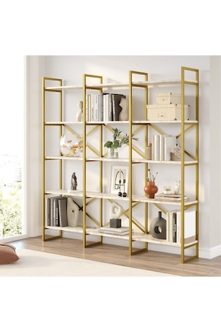 Atlantis 175cm Gold Metal Kitaplık 5 Raflı Geniş 3 Bölme Mermer Desen Atl6-ge Efes