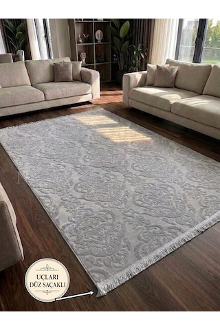 Rölyef Gri Joy Saçaklı Modern Yumuşak Dokulu Kabartmalı Kaymaz Taban Kesme Halı Yolluk