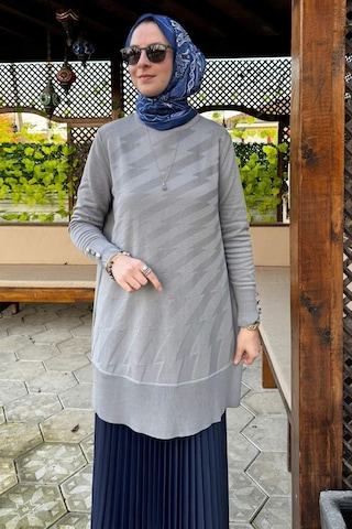 Rabia Şamlı Bilge Triko Tunik Gri Çok Renkli