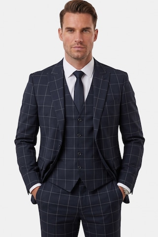 Deepsea Erkek Koyu Lacivert Slim Fit 3 Lü Takım Elbise Yelekli Ekose Desenli Çift Düğme Takım Elbise 2600501