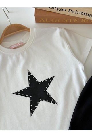 Magu Kız Çocuk Pamuklu Beyaz Yıldız Aplikeli T-shirt Pantolon Takım Çok Renkli