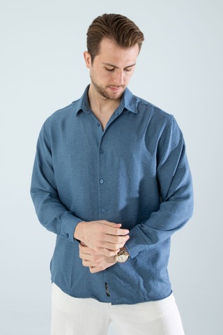 Rahat Kesim Keten Dokulu Gömlek Mavi