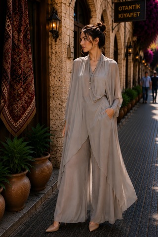Bohem Stil Italyan Ipek Detaylı Oversize Kap Bluz- Wes Pantolon Takım Koyu Vizon
