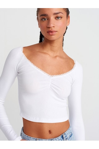 Dilvin 31722 Dantel Şeritli Uzun Kollu T-shirt-beyaz Beyaz