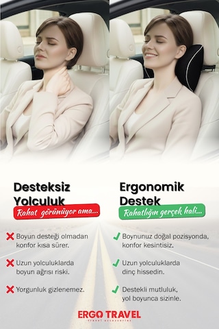 Carfort Büyük Visco Araç Boyun Yastığı Ortopedik Oto Koltuk Boyun Desteği Siyah - Ergo Travel Siyah