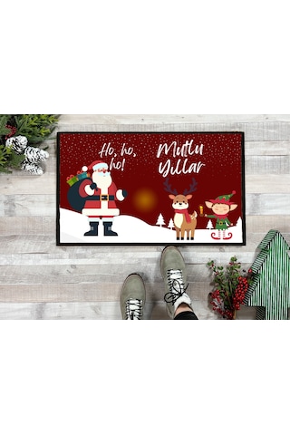 Mutlu Yıllar Geyik Elf Noel Baba Kapı Önü Paspası 60x40 Cm Paspas Çok Renkli